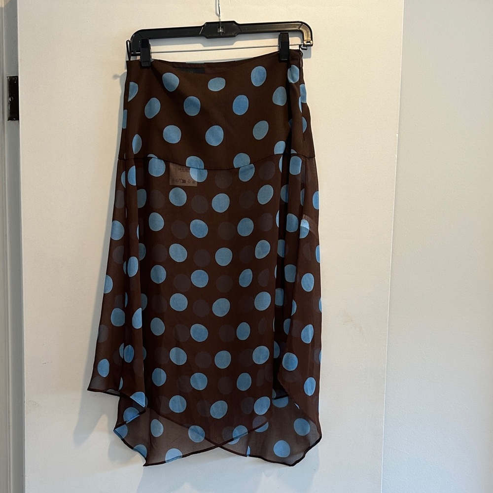 NWT Zara Brown and Blue Polkadot Sheer Asymmetrical Midi Skirt